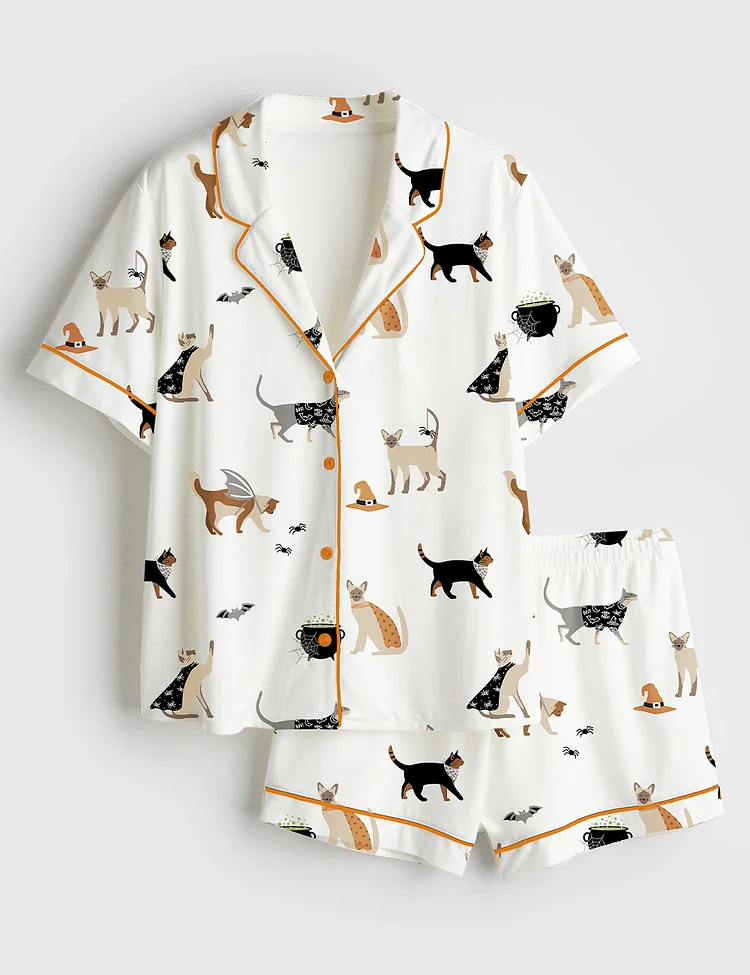 Women&rsquo;s Halloween Cat Party Short Sleeve Satin Pajama Set