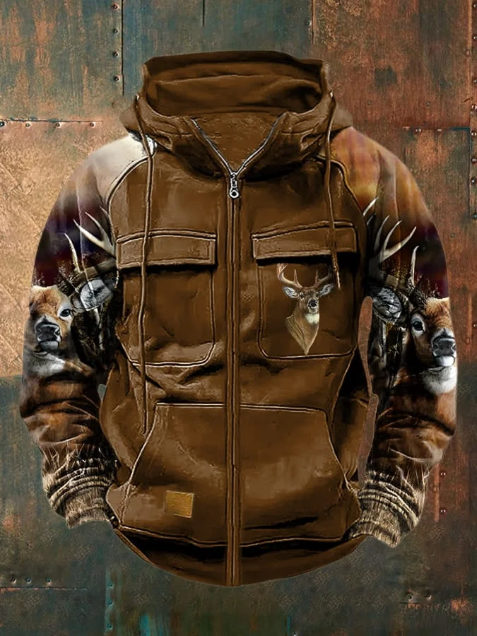 Men's Vintage Western Deer Print Multi-Pocket Jacket