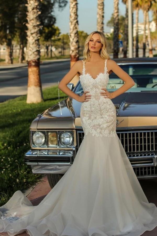 Bellasprom Long Mermaid Backless Wedding Dress With Tulle Lace Sweetheart