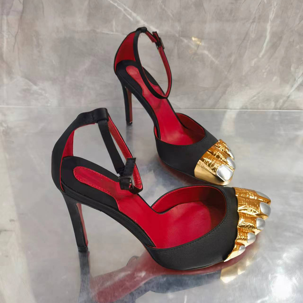 100mm Women's High Heel Metallic Finger Designed Toe Ankle Strap Stiletto Heels Red Bottom Sandals-vocosishoes