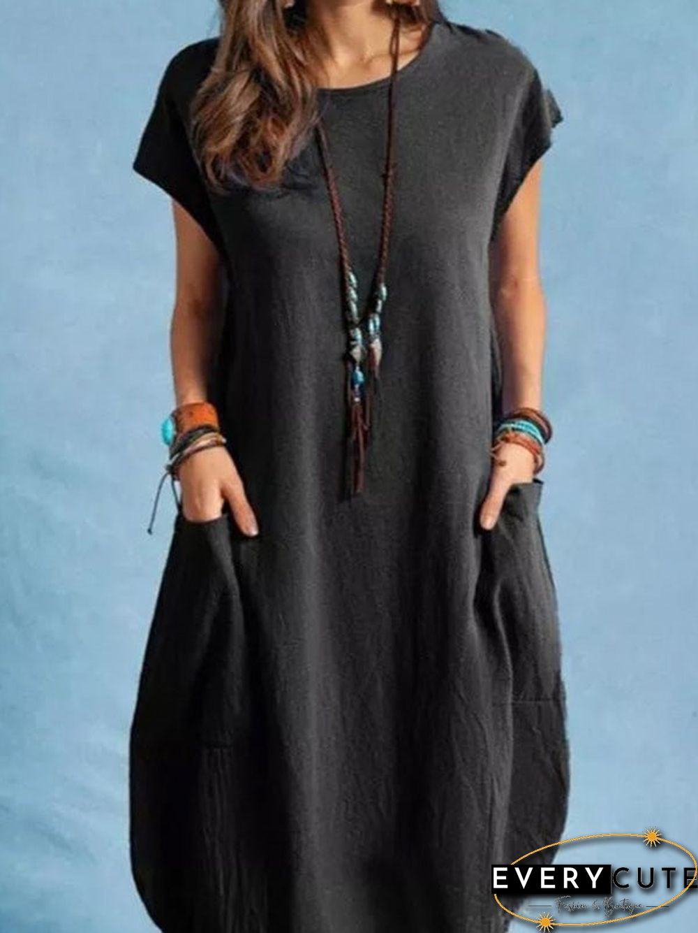 Women'S Dresses Casual Solid Crew Neck Pocket Dress