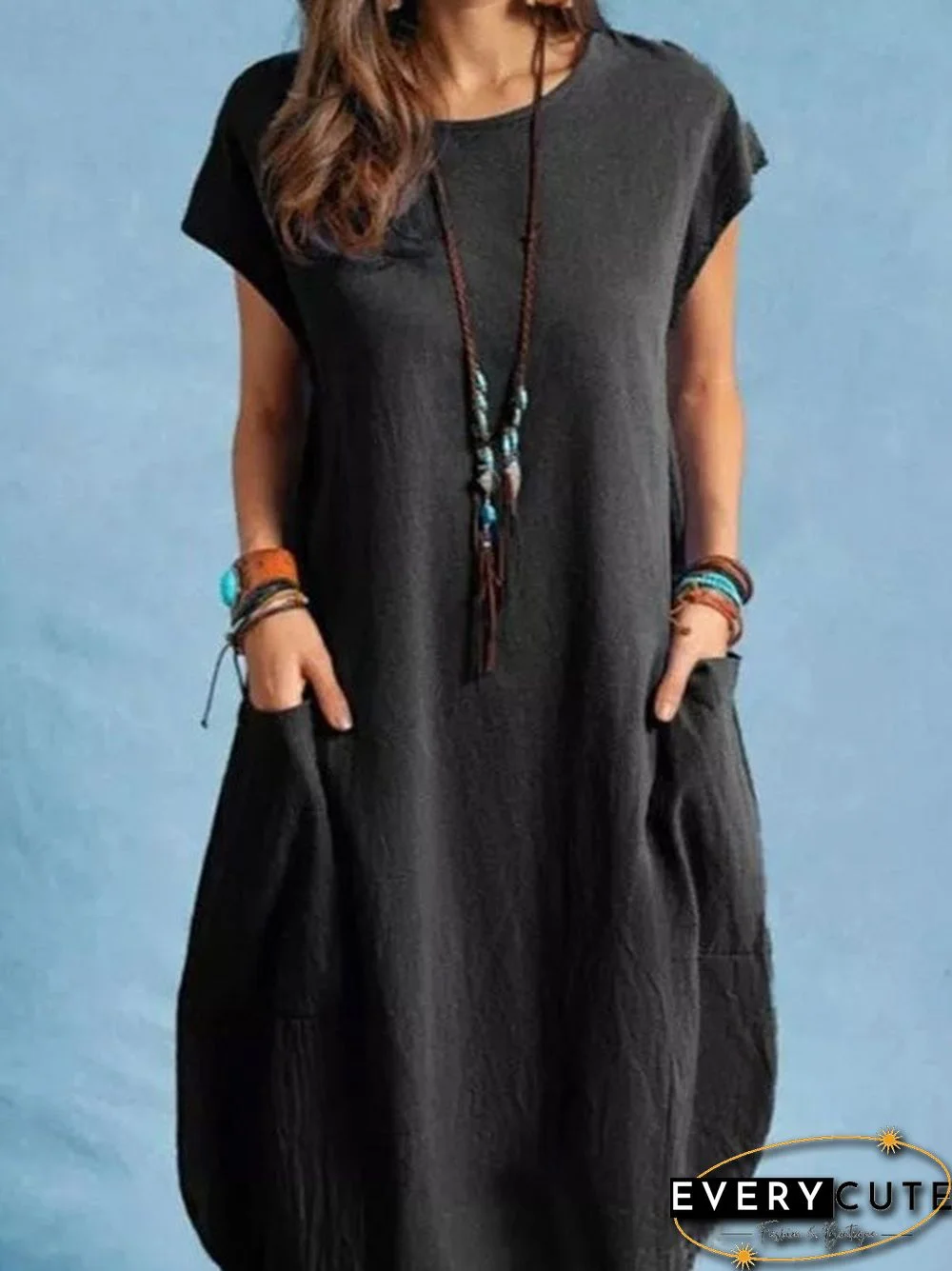 Women'S Dresses Casual Solid Crew Neck Pocket Dress