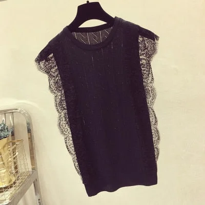 Spring Summer Korean Women Mesh Shirt Sleeveless O-Neck Lace Knitted Patchwork Tops Chic Solid Hollow Out Clothes Blusas 8795 50