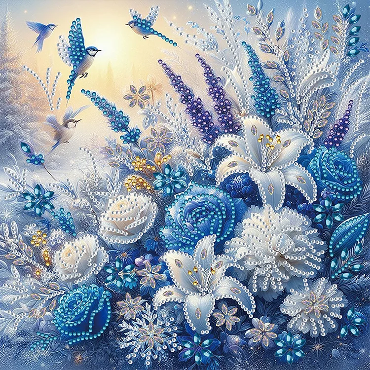Flowers Blue And White Flowers Bluebird 30*30CM(Canvas) Special Shaped Drill Diamond Painting gbfke