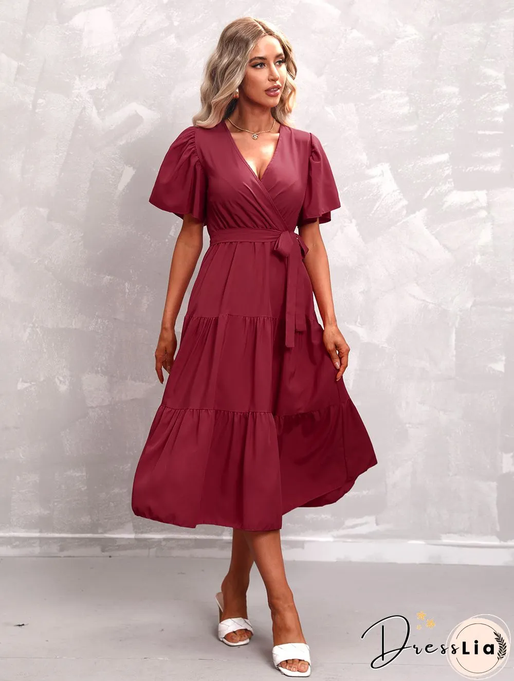 Elegant Womens Summer Dress & Casual Lace-Up Solid Color Neck High Waist Short Sleeve