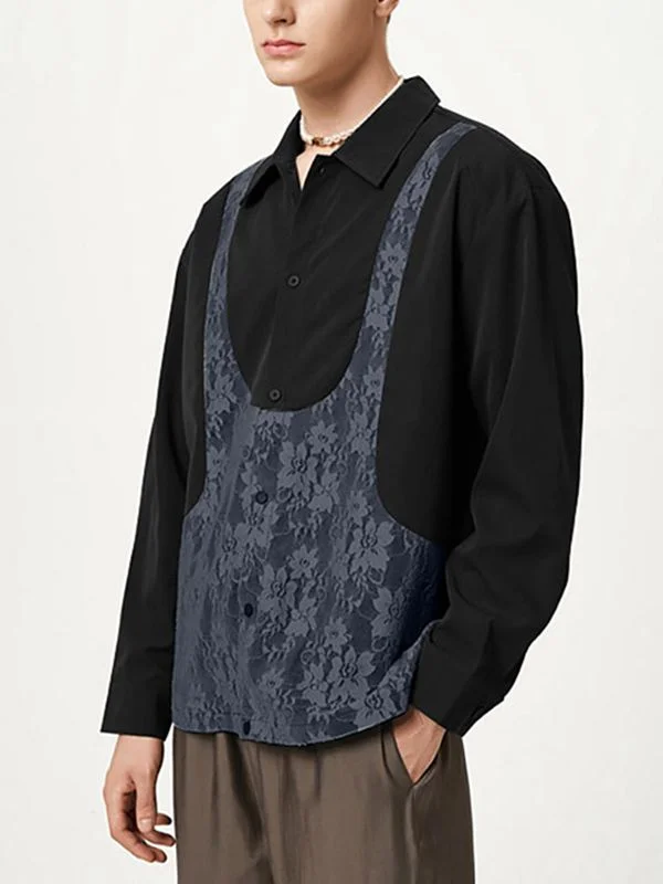 Aonga - Mens Lace Patchwork Long Sleeve Shirt J
