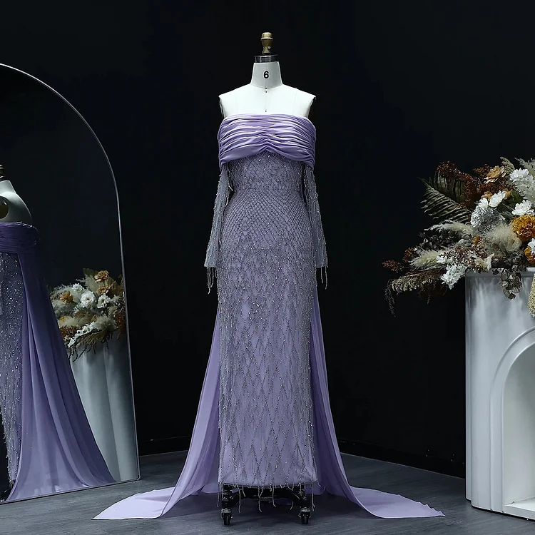 Luxury Tassel Lilac Off Shoulder Evening Dress with Cape