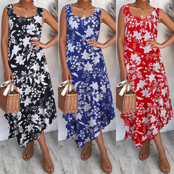 Summer Womens Sleeveless Long Dress Floral Print Asymmetrical Hem Holiday Party Casual Loose Midi Dress Plus Size - BlackFridayBuys