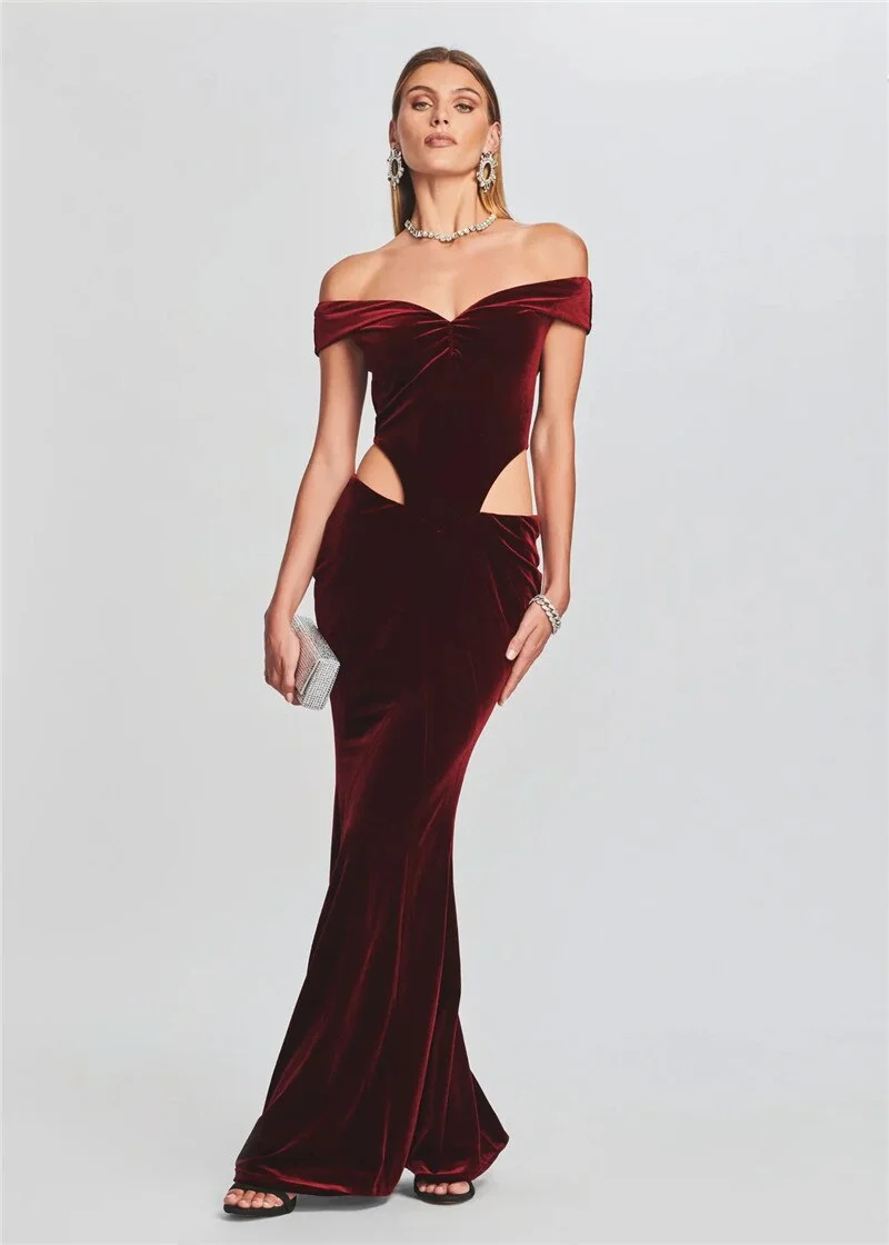 Elegant Off Shoulder Velvet Dress  Hollow Out Sheath Maxi Vestidos Slash Neck Celebrity Evening Party Female Dresses