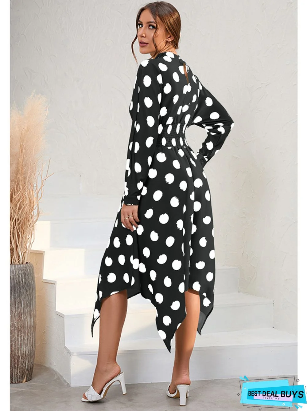 Casual Irregular Long Sleeve Polka Dot Dress