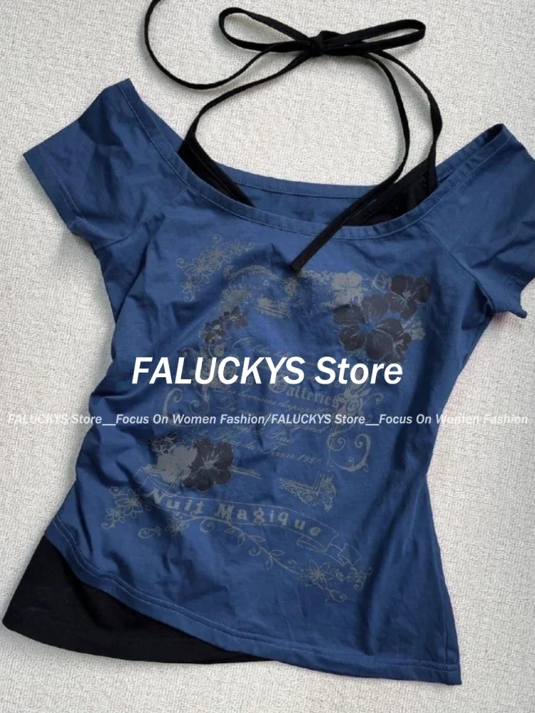 Aonga Summer Retro Purple Halter Fake Two Piece Print T-Shirt Women Y2K Streetwear Hot Girl Slim Fit Harajuku Fashion Casual Tops New aonga