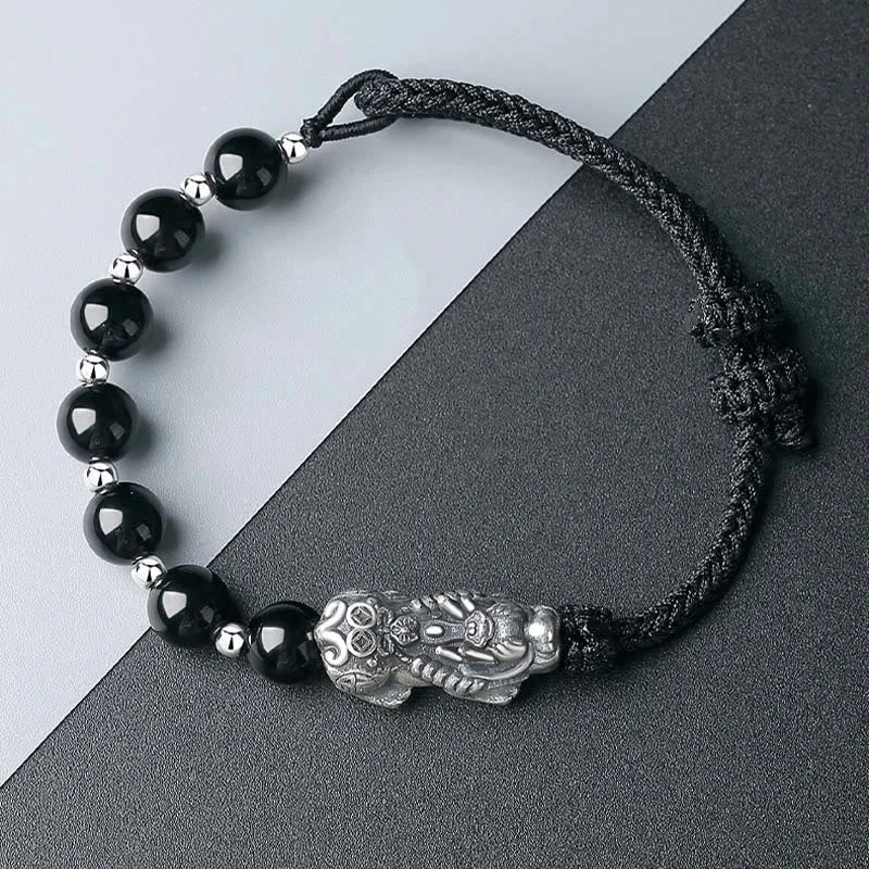 999 Sterling Silver FengShui PiXiu Natural Black Obsidian 925 Sterling Silver Bead Strength Bracelet