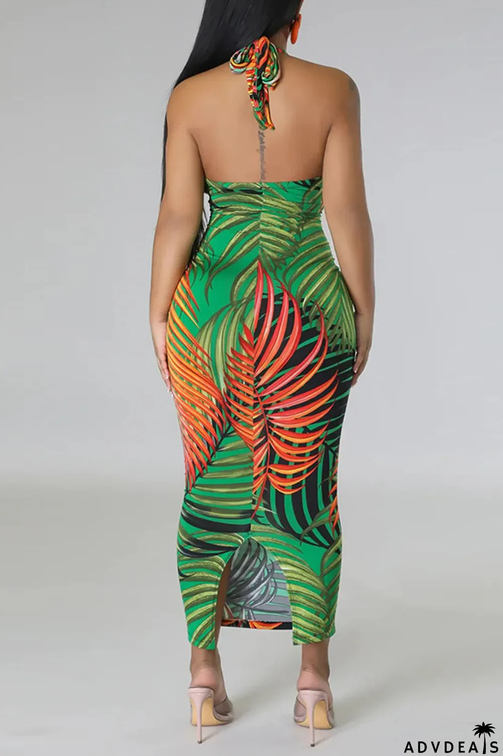 Green Sexy Print Bandage Patchwork Backless Halter Pencil Skirt Dresses