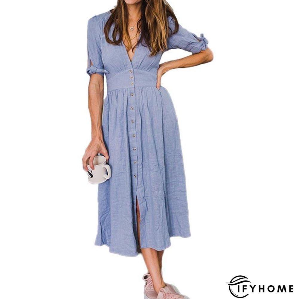 V neck plunge women dress Side slit button up summer dress Fashion bohemian dress midi vestidos mujer | IFYHOME