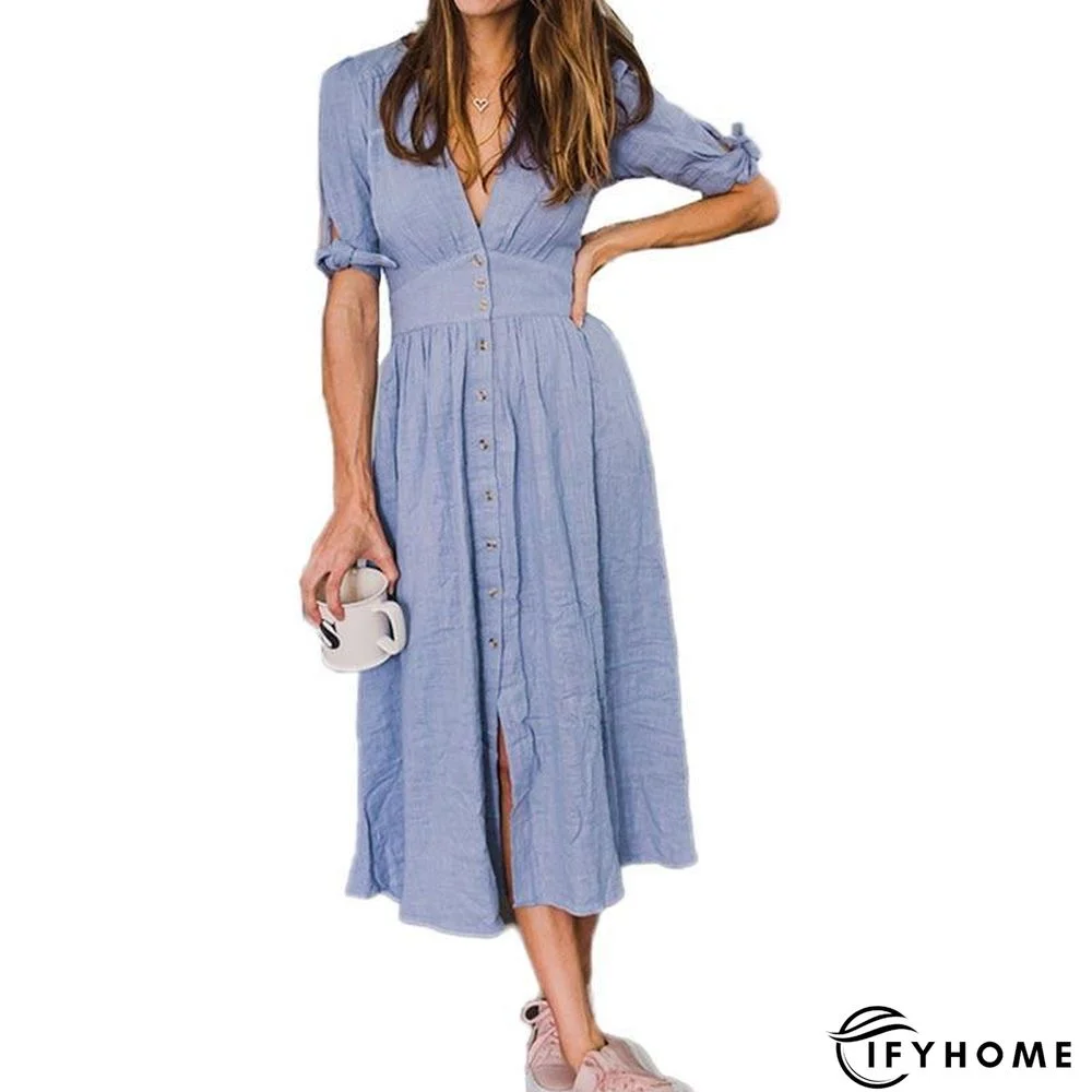V neck plunge women dress Side slit button up summer dress Fashion bohemian dress midi vestidos mujer | IFYHOME