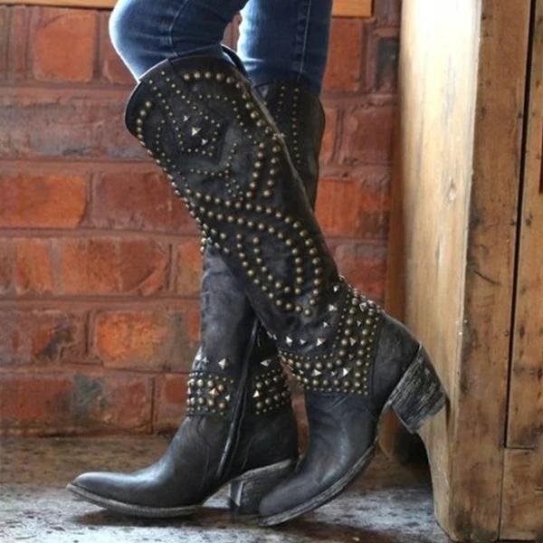 Fashion Round Toe Rivet Knee High Boots