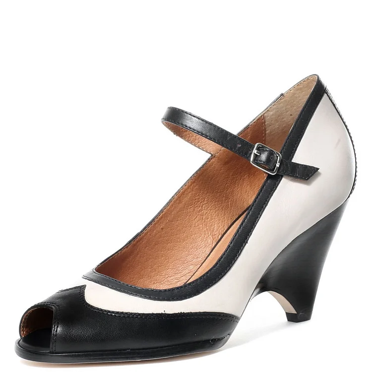 FSJ Black & White Peep Toe Mary Jane Pumps Cone Heel Vintage Shoes |FSJ Shoes