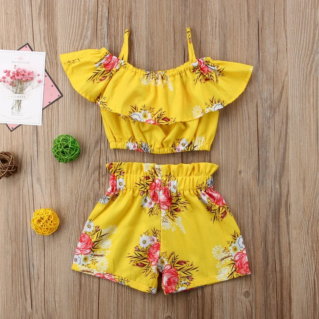 2020 Baby Summer Clothes Infant Child Kid Baby Girl Floral Outfits Shoulder Vest Tops+Short Pants 2Pcs Set Casual Sunsuit 1-6Y