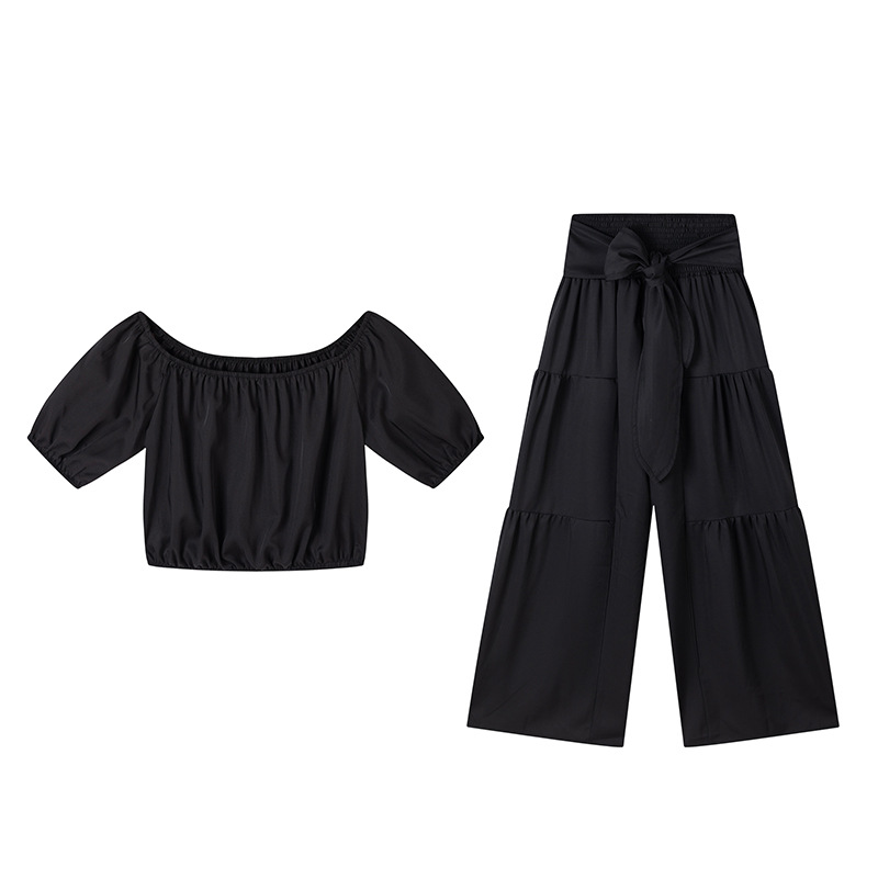 Women's Off‑Shoulder Crop Top & Bow Tie Wide Leg Pants 2 Piece Outfit