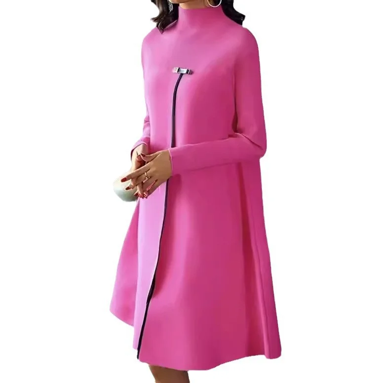 Wongn Wongn Women's Wear Temperament Elegant Solid Color Long-Sleeved High Collar Show Thin Large Hem Dress