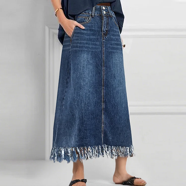 Denim High Rise Buttons Raw Edge Back Slit Midi Skirt