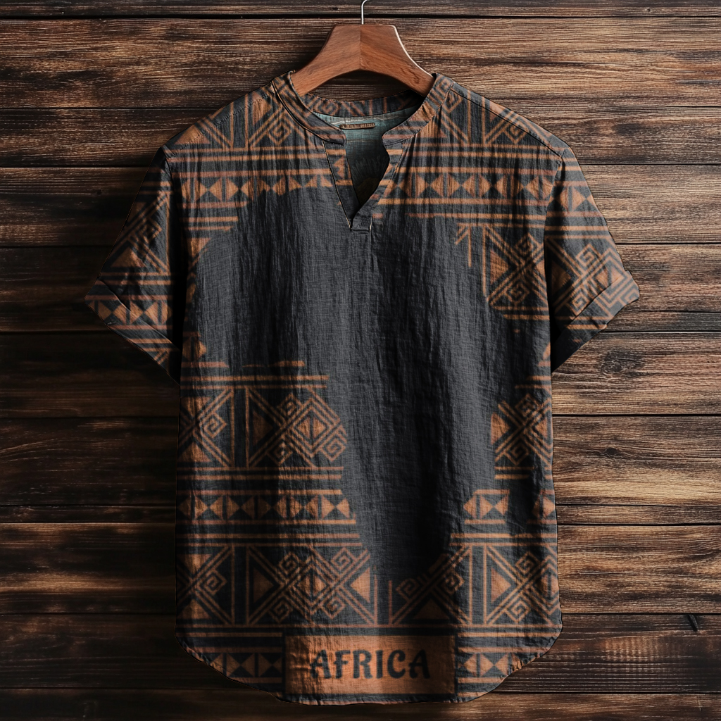 Vintage African Geometric Map Linen Blend Shirt