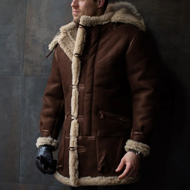 Inongge Hooded Faux Fur Collar Thickened Coat Faux Fur Autumn Winter Popular Single Fur Integrated Men's Coat European Size Jacket