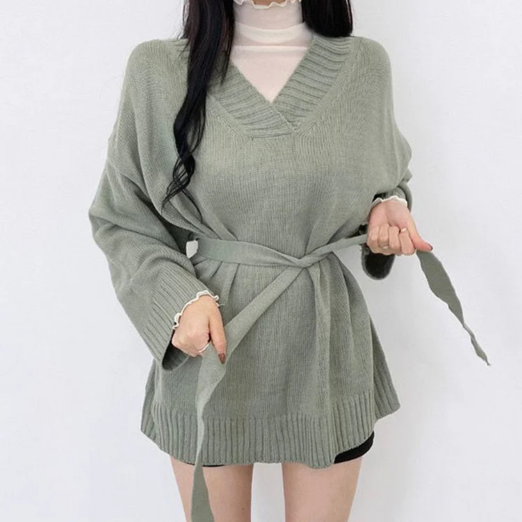 Simple V-neck Solid Color Lace-up Long Sleeve Knitted Sweater