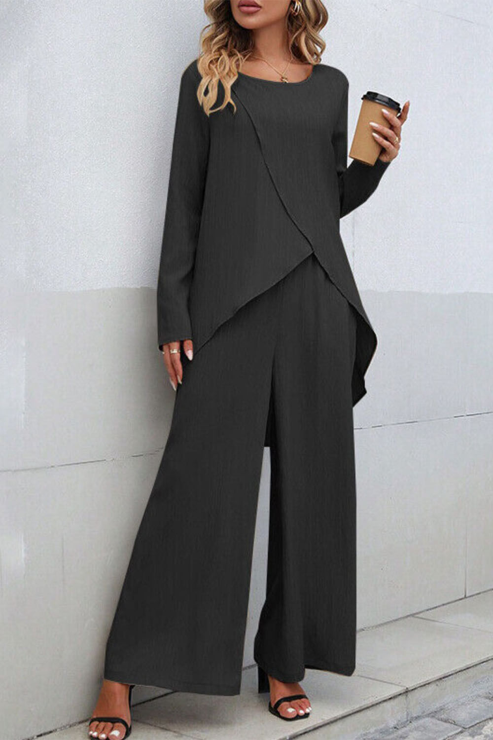 Plus Size Everyday Black Long Sleeve Asymmetrical Hem Wide Leg Two Piece Pant Suit 2024 - Flycurvy 