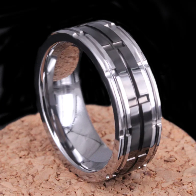 8MM Women's Or Men's Silver Flat Tungsten Carbide Rings Grooved Finshed 