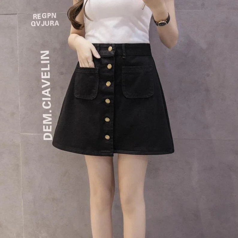 Women Korean Harajuku Denim Skirt 2019 Summer New Fashion High Waist Pockets Button Fly Mini Skirts High Quality A-Line Skirt