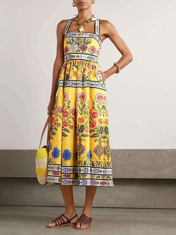 Unique Satin Floral Print Racerback With Pockets Midi Dress