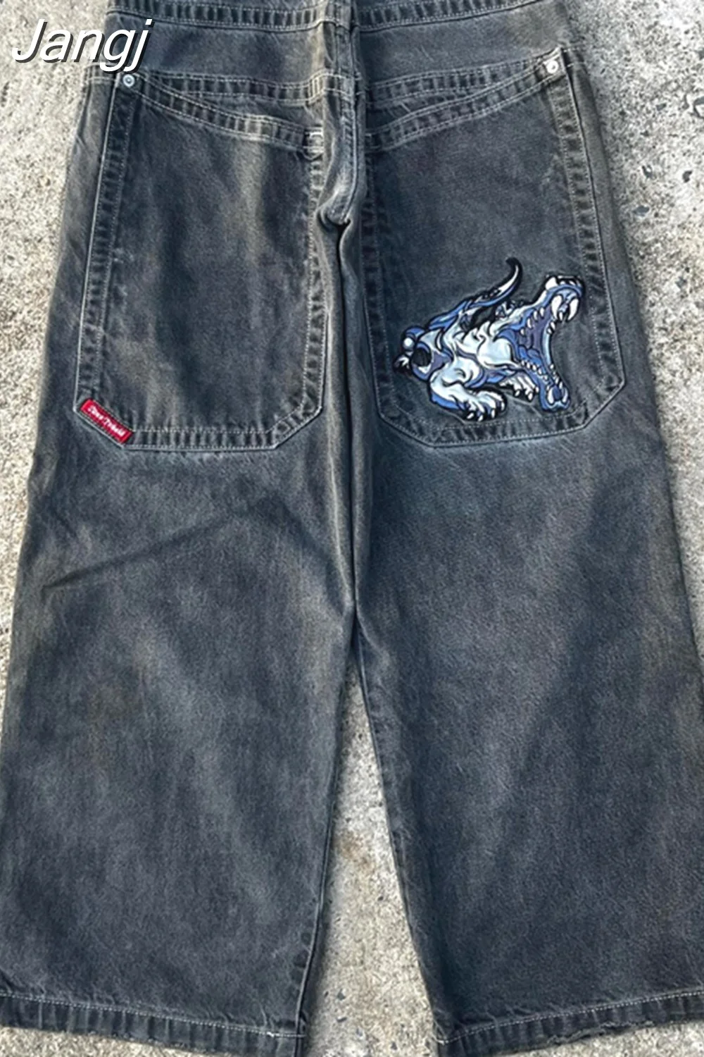 Jangj JNCO Jeans Y2k Hip Hop Cartoon Graphic Print Vintage Baggy Jeans Black Pants Men Women High Waist Wide Leg Trousers