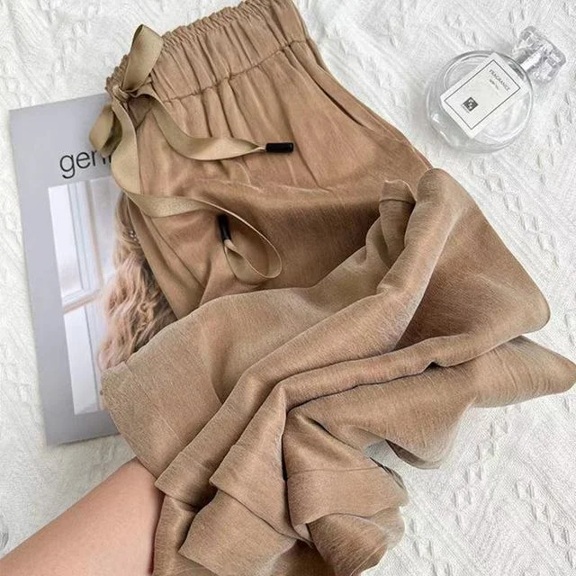 Summer Thin Wide Leg Pants Draping High Waist Drawstring Casual Loose Straight Leg Pants Ice Silk Loose Trousers