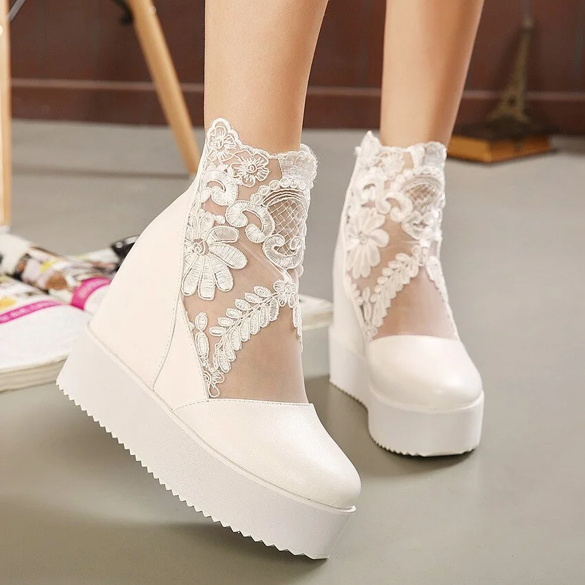 Qengg Sweet Lace Roman Shoes Women Wedge Heels White Platform Pumps High Heels Zapatos Plataforma Mujer Encaje 34-39