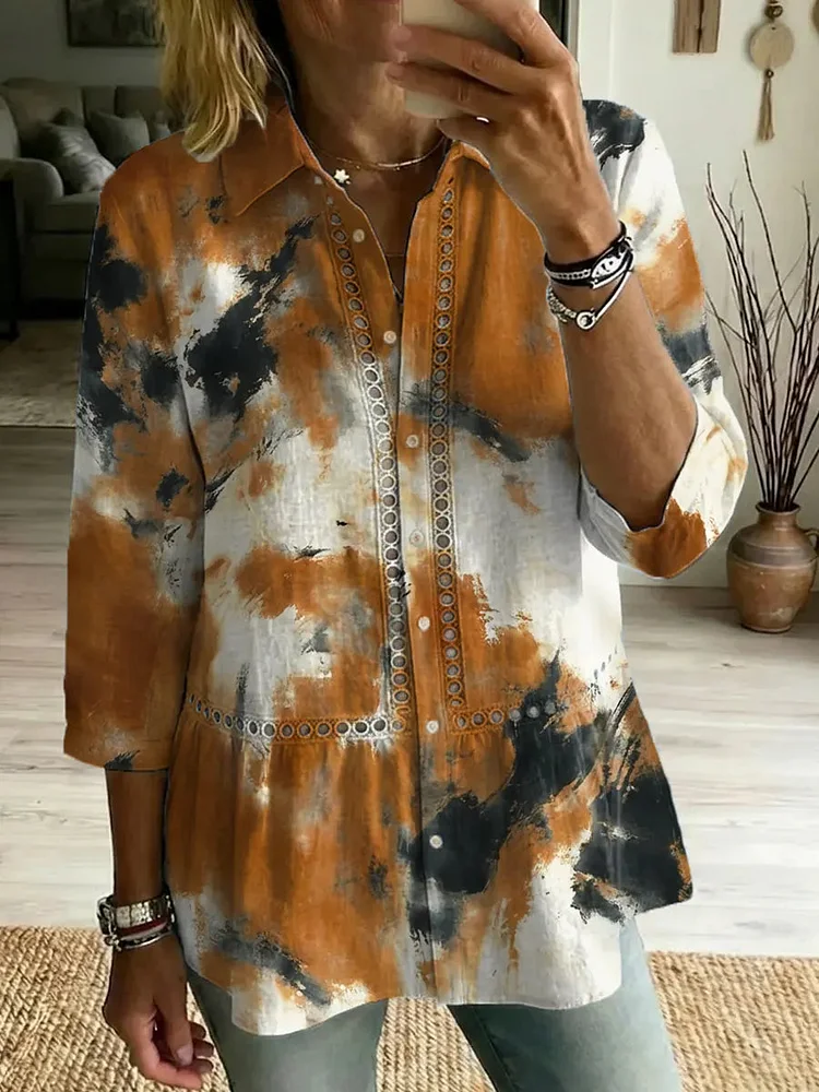 Women's Retro Art Print Casual Lapel Cotton Shirt