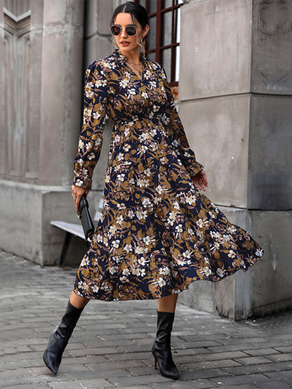 Mature Women Autumn And Winter New V-neck Waist Long-sleeved Printed Dress