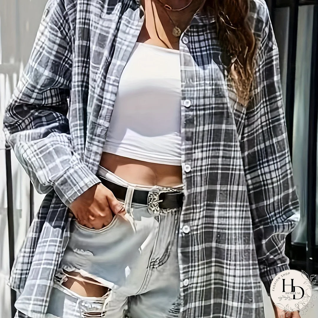 Plaid Print Classic Shirt, Casual Button Front Long Sleeve Shirt, Women's Clothing