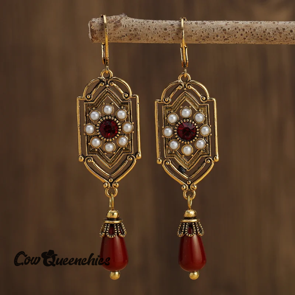 Vintage Red Crystal Pearl Gold Earrings
