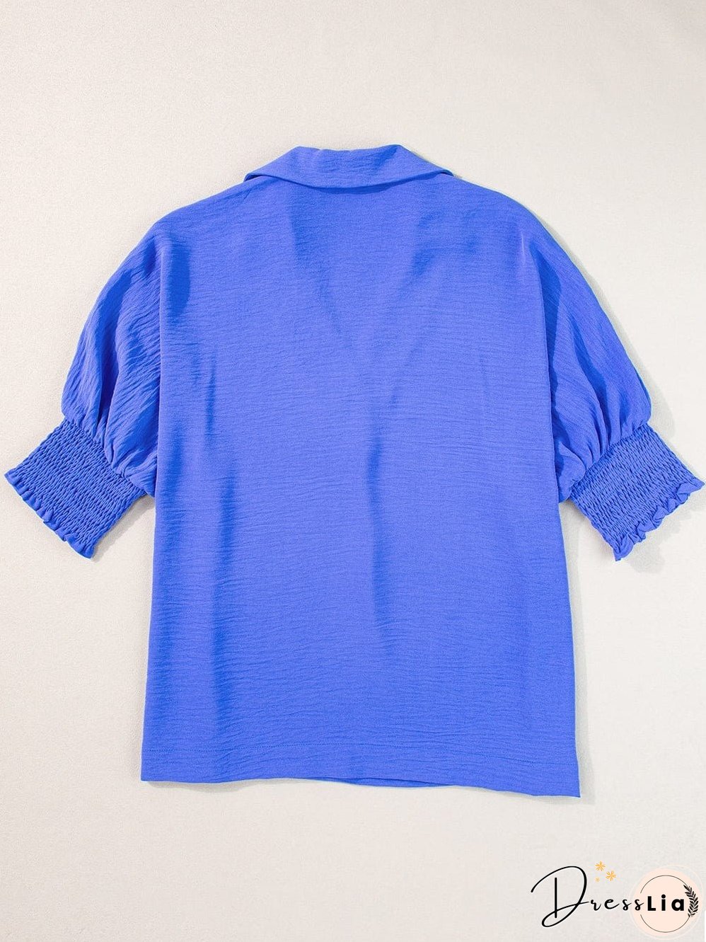 Navy Blue Collared Smocked Sleeve Cuffs Loose Fit Blouse