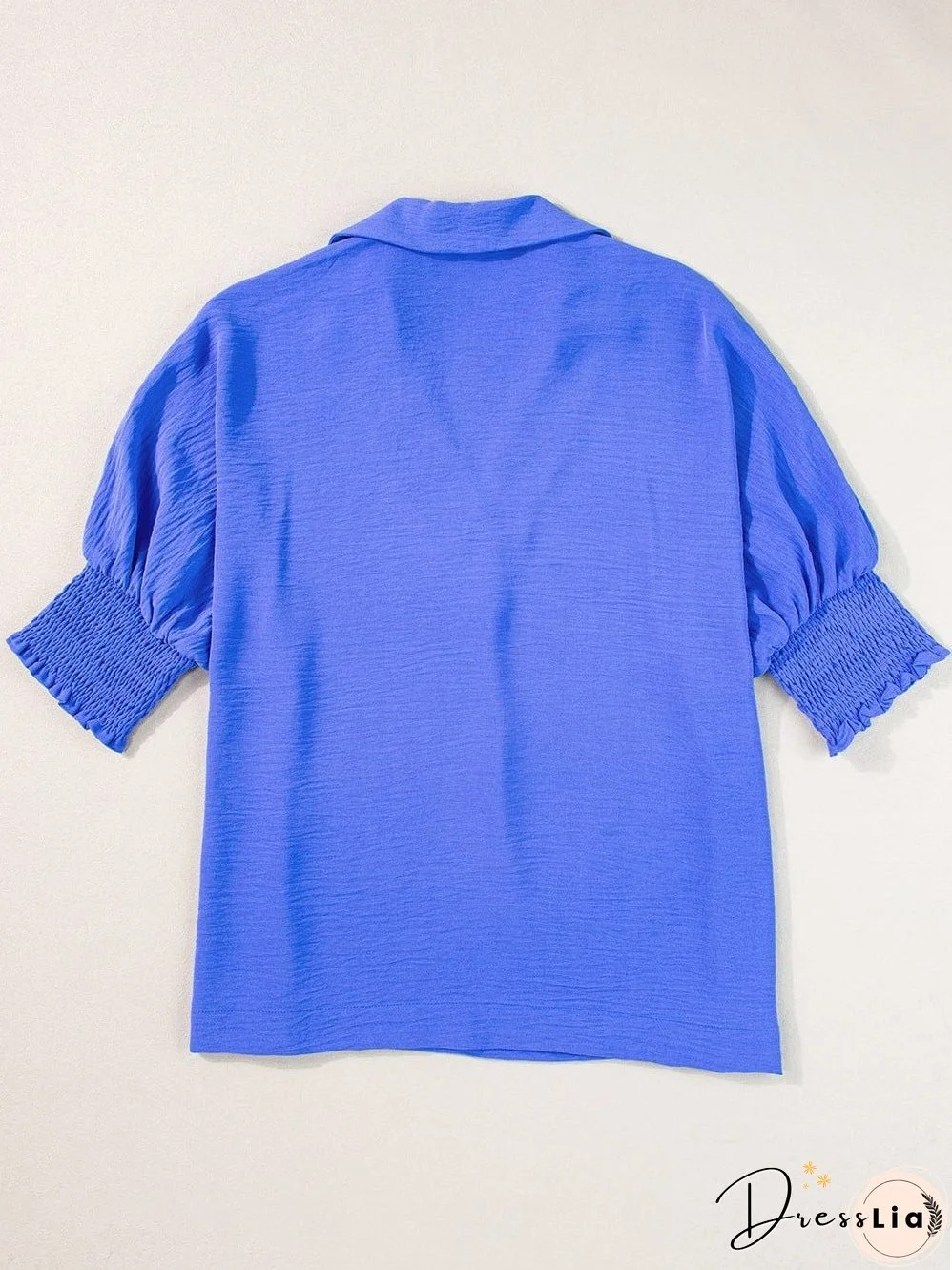 Navy Blue Collared Smocked Sleeve Cuffs Loose Fit Blouse