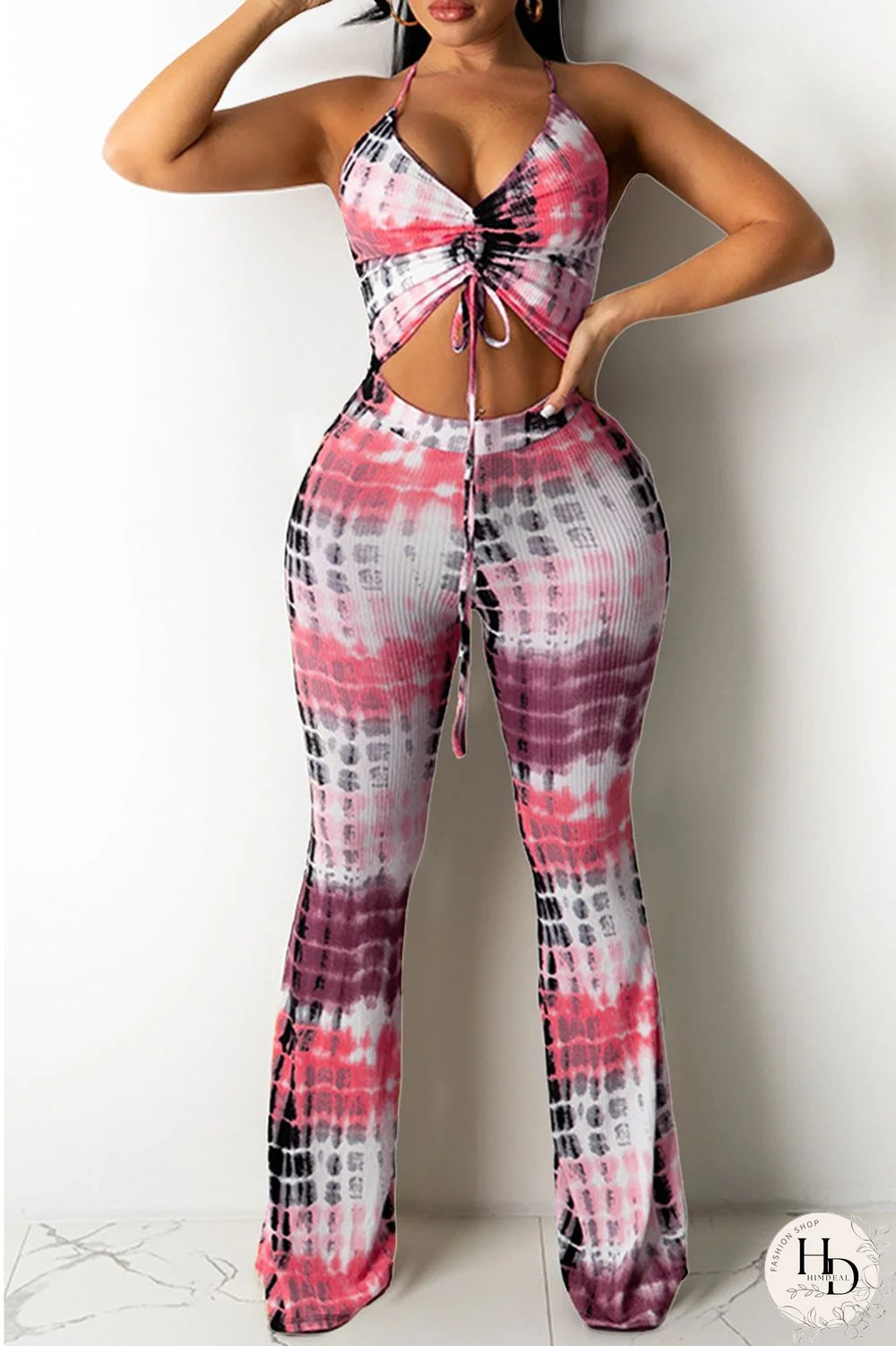 Yellow Fashion Casual Print Backless V Neck Sleeveless Two Pieces