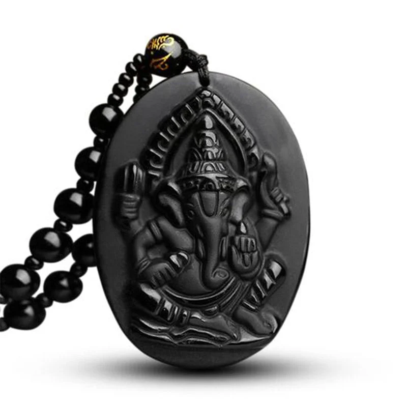 Tibetan Obsidian Ganesh Ganpati Elephant Wealth Amulet Necklace