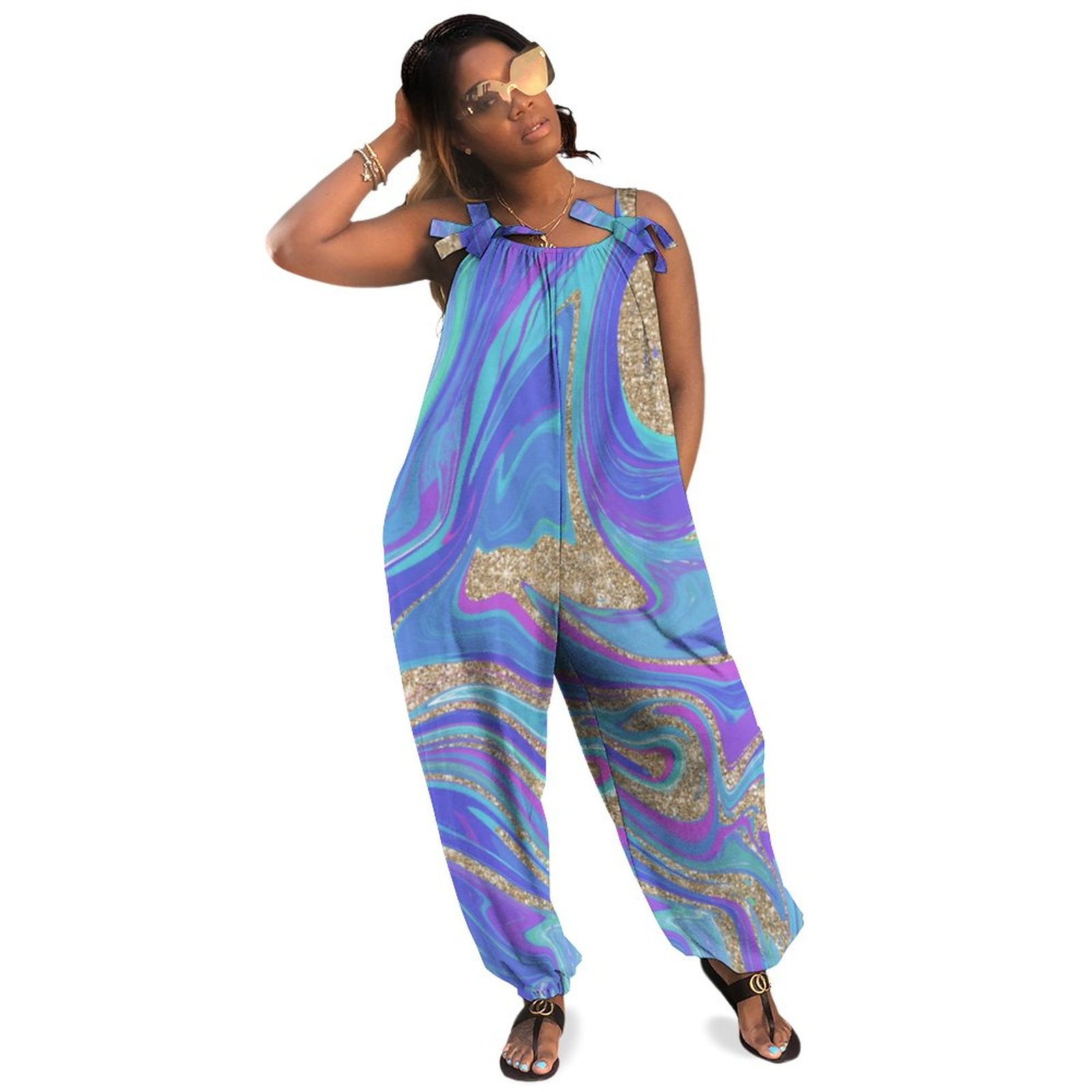 Modern Abstract Blue Gold Marble Pattern Plus Size Women Rompers Summer Casual Loose Knitted Playsuit Maternity Summer Romper Boho Pockets