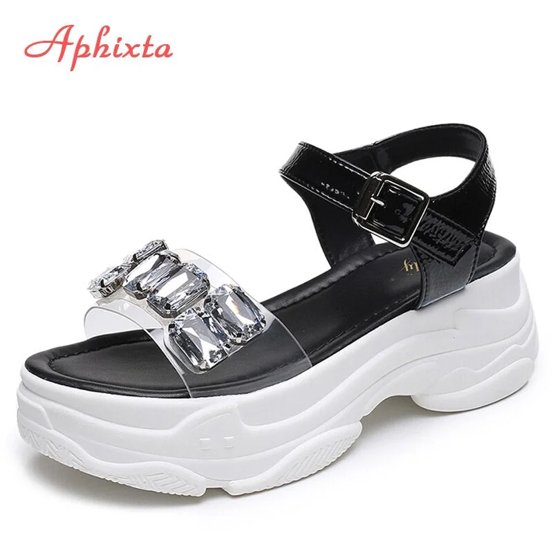 Aphixta Platform Jewelry Wedge Heel Transparent Rhinestones Sandals Summer Women Diamond Shoes Women Buckle Crystal Sandal Woman