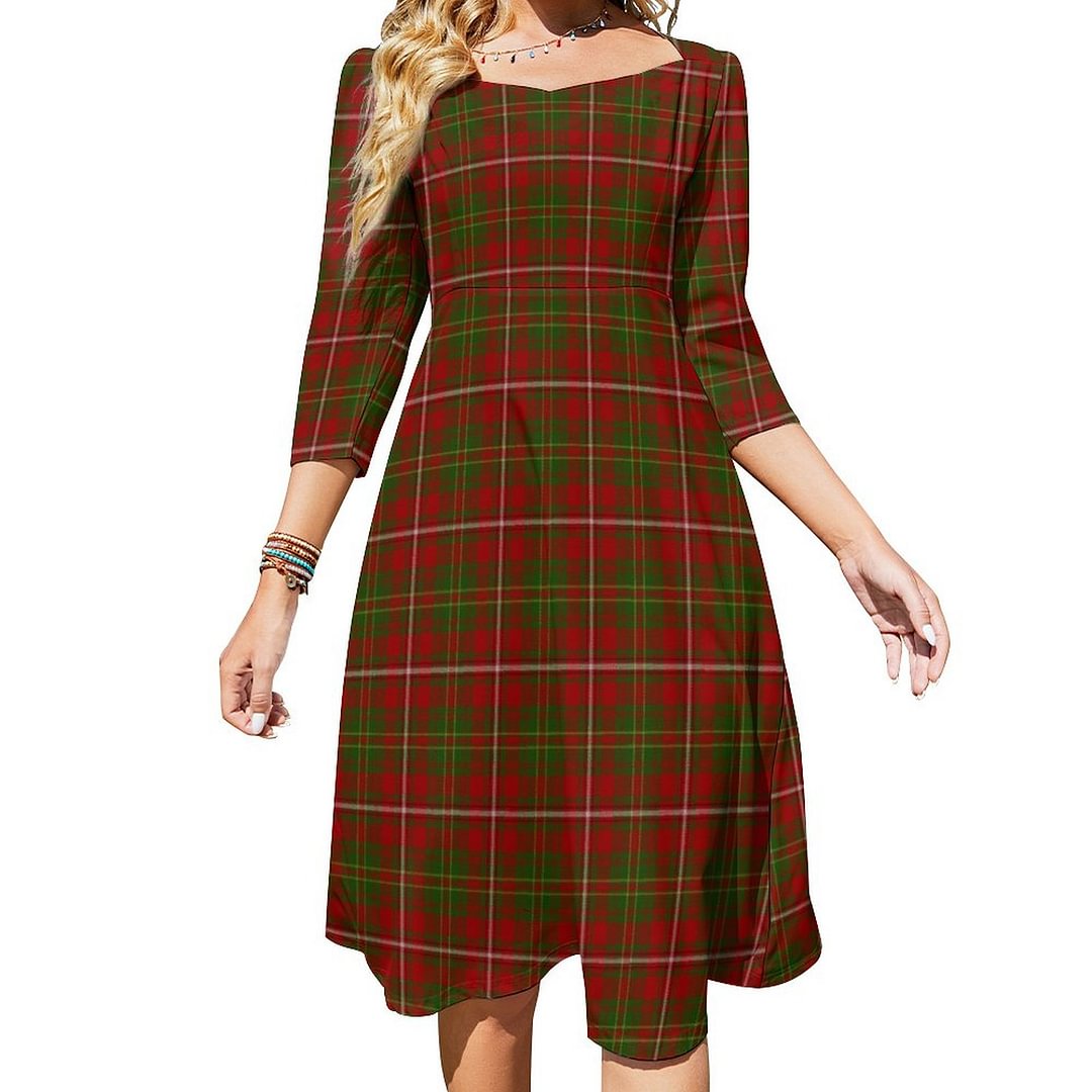 Scottish Clan Hay Tartan Dress Sweetheart Tie Back Flared 3/4 Sleeve Midi Dresses
