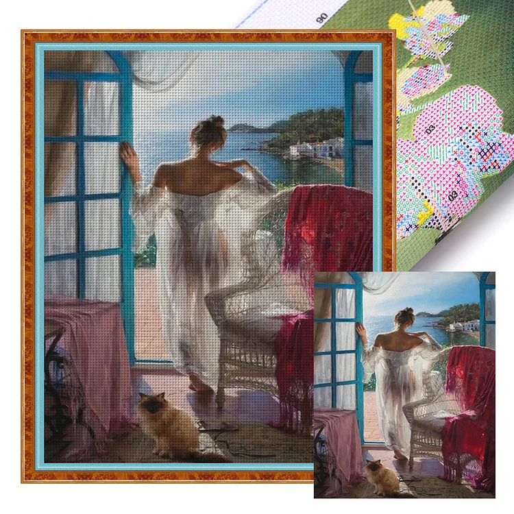 【Huacan Brand】Seaside Woman 11CT Stamped Cross Stitch 40*50CM