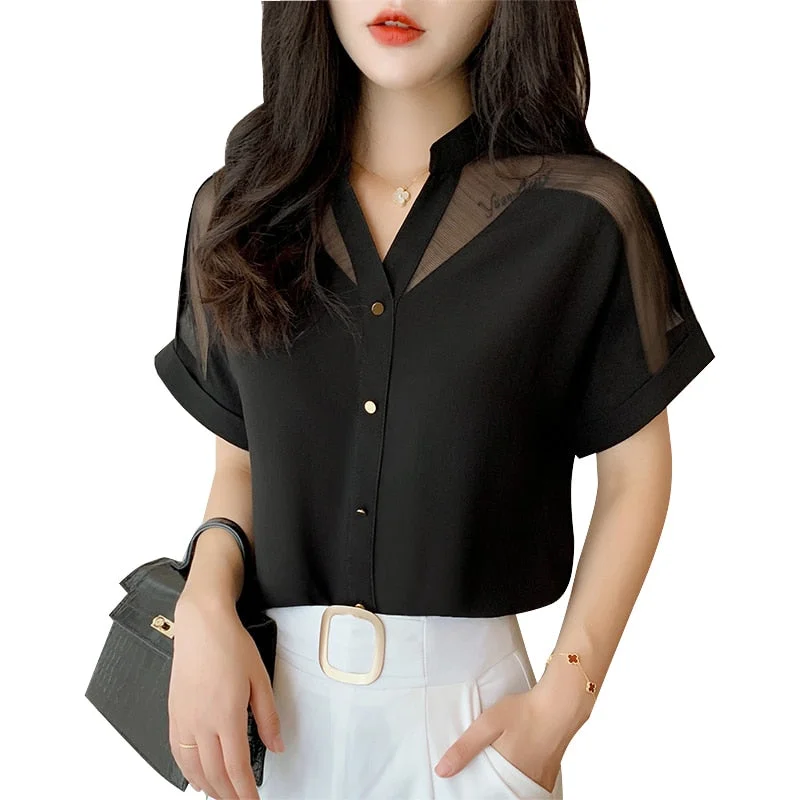 2021 Summer Women Shirts Pullover Chiffon Short-Sleeved Women Tops Solid Color Mesh V-neck Women Clothing camisas mujer new