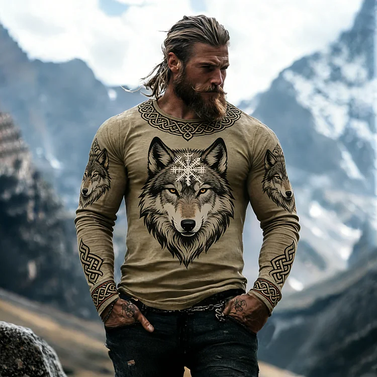 Men's Retro Viking Wild Wolf Celtic Print Graphic T-shirt