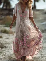 Boho Pink Roses Embroidered Lace Flowy Linen Maxi Dress